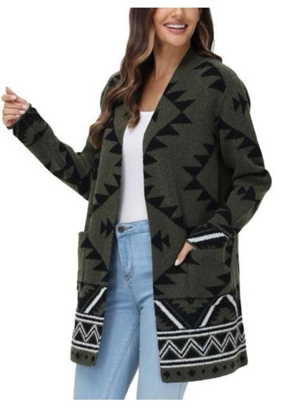 Frye Southwestern Geometric Open Front Cardigan Olive Green Black XL A011249